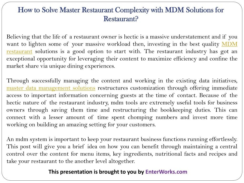 how to solve master restaurant complexity with