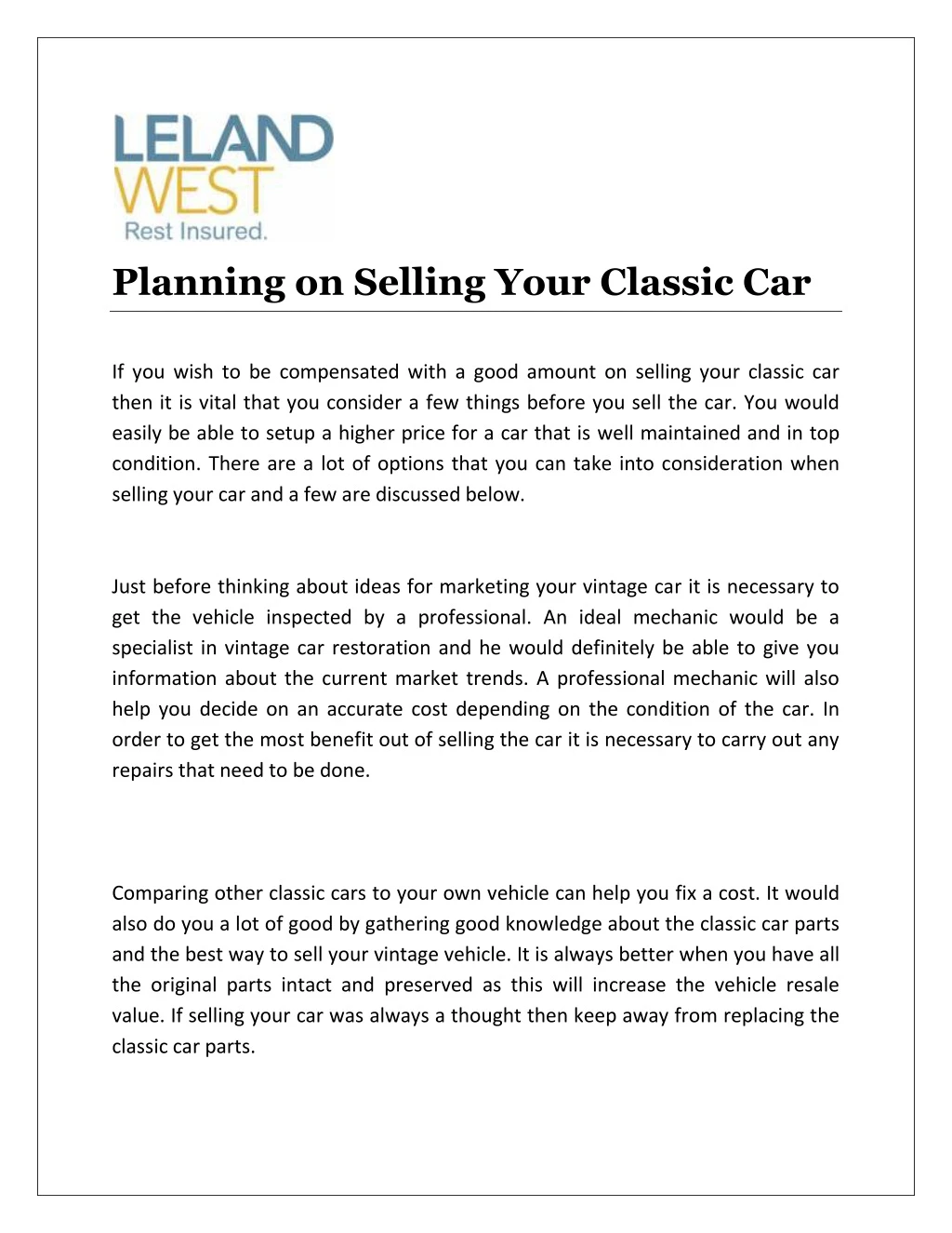 planning on selling your classic car