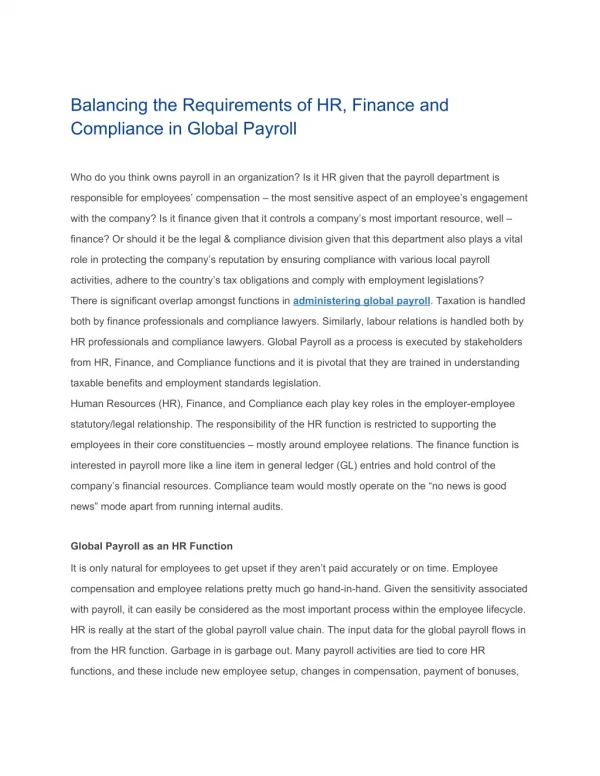 Balancing the Requirements of HR, Finance and Compliance in Global Payroll