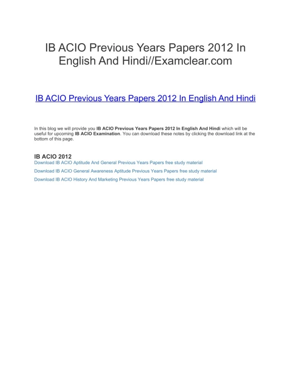 IB ACIO Previous Years Papers 2012 In English And Hindi//Examclear.com