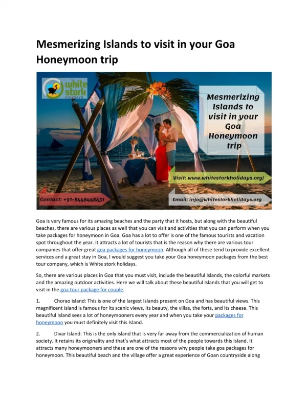 Mesmerizing Islands to visit in your Goa Honeymoon trip