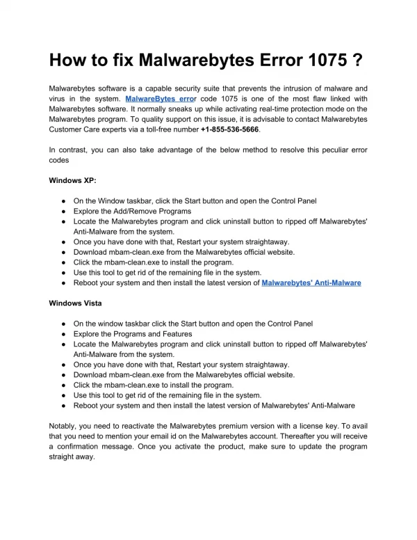 How to fix Malwarebytes Error 1075 ?