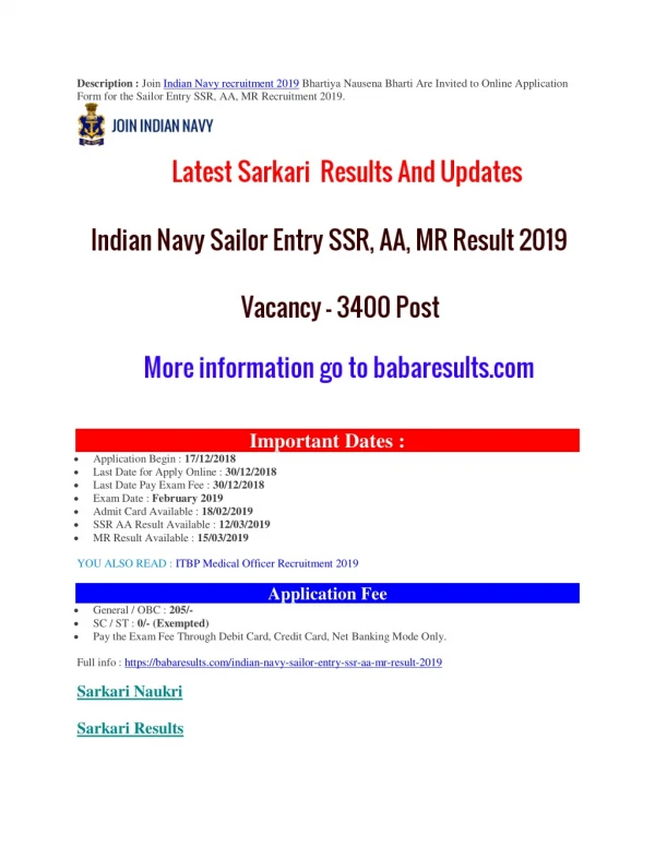 Indian Navy Sailor Entry SSR, AA, MR Result 2019