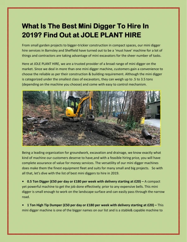 What Is The Best Mini Digger To Hire In 2019? Find Out at JOLE PLANT HIRE