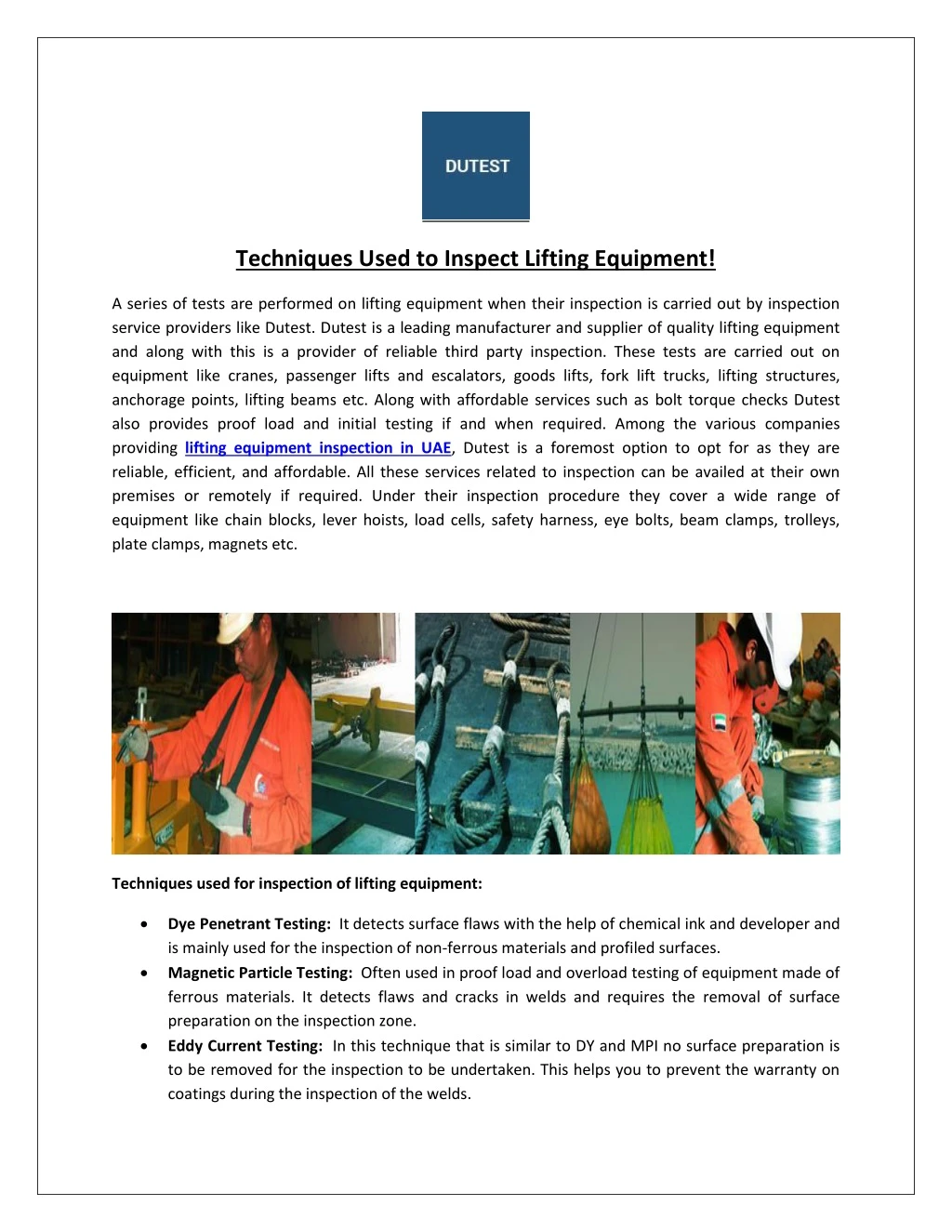 techniques used to inspect lifting equipment