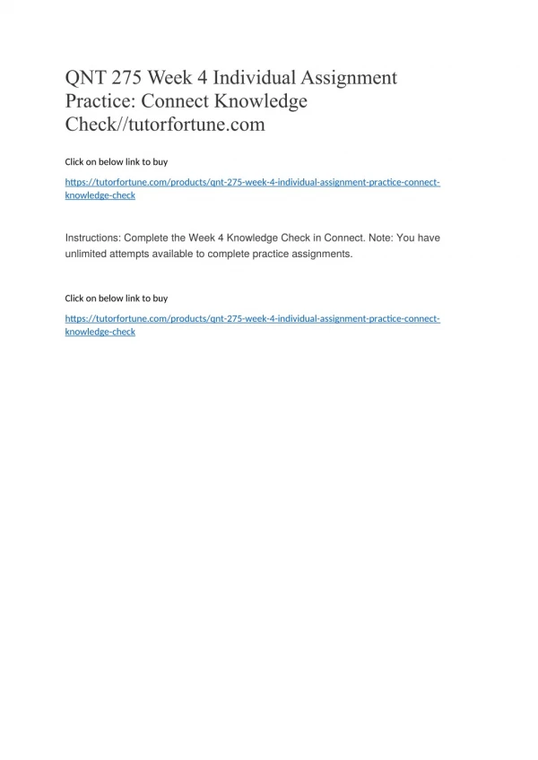 QNT 275 Week 4 Individual Assignment Practice: Connect Knowledge Check//tutorfortune.com