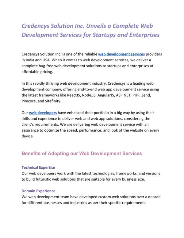 Credencys Solution Inc. Unveils a Complete Web Development Services for Startups and Enterprises