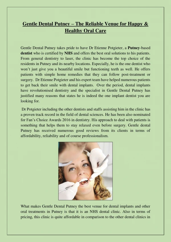 Gentle Dental Putney – The Reliable Venue for Happy & Healthy Oral Care