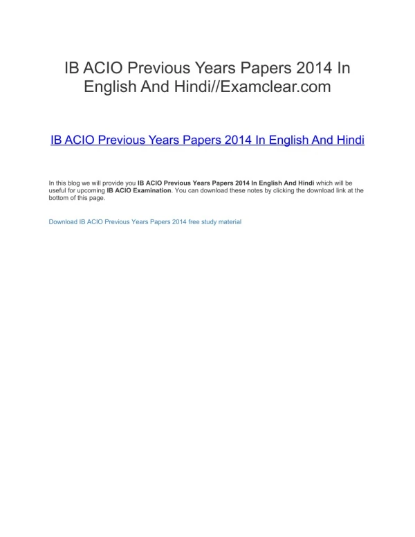 IB ACIO Previous Years Papers 2014 In English And Hindi//Examclear.com