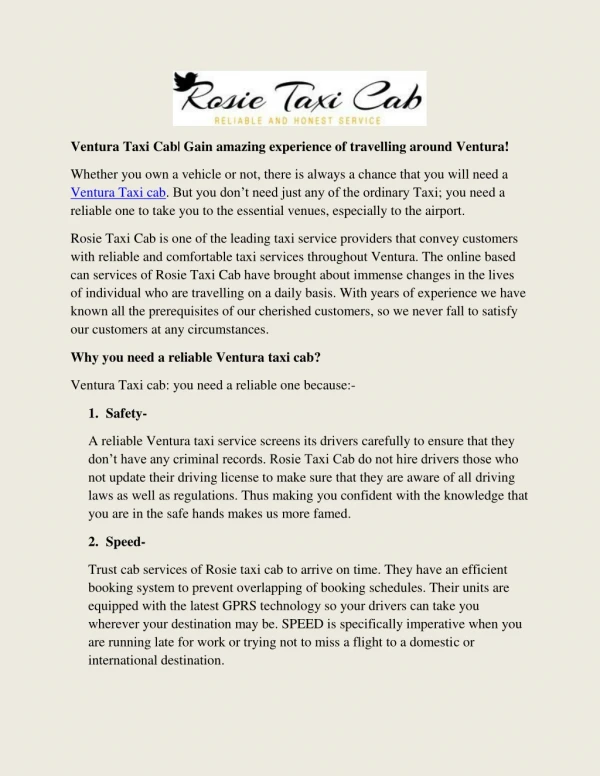 Ventura Taxi Cab| Gain amazing experience of travelling around Ventura!