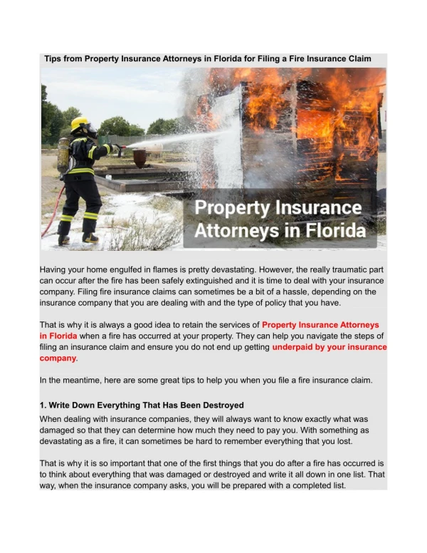 Tips from Property Insurance Attorneys in Florida For Filing a Fire Insurance Claim
