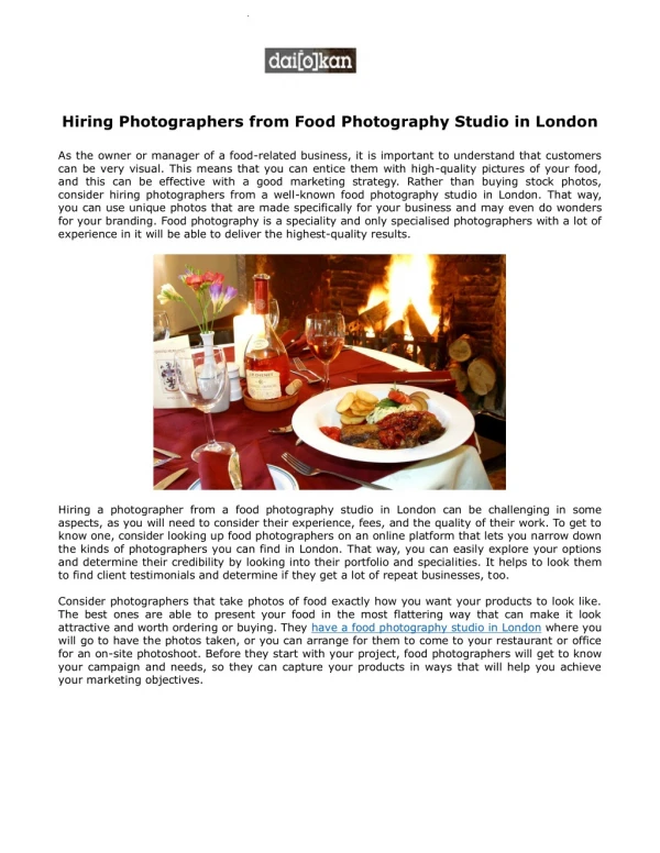 Hiring Photographers from Food Photography Studio in London