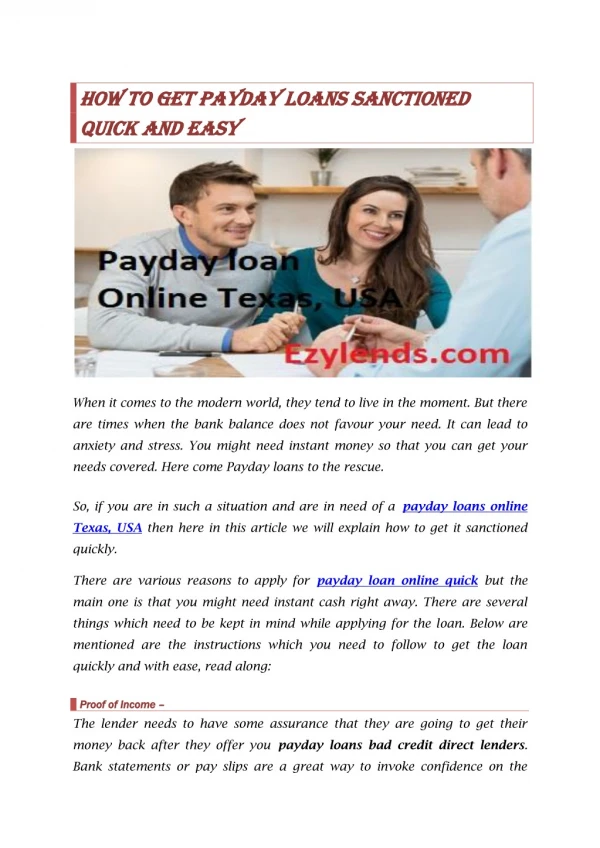 How to Get Payday Loans Sanctioned Quick and Easy