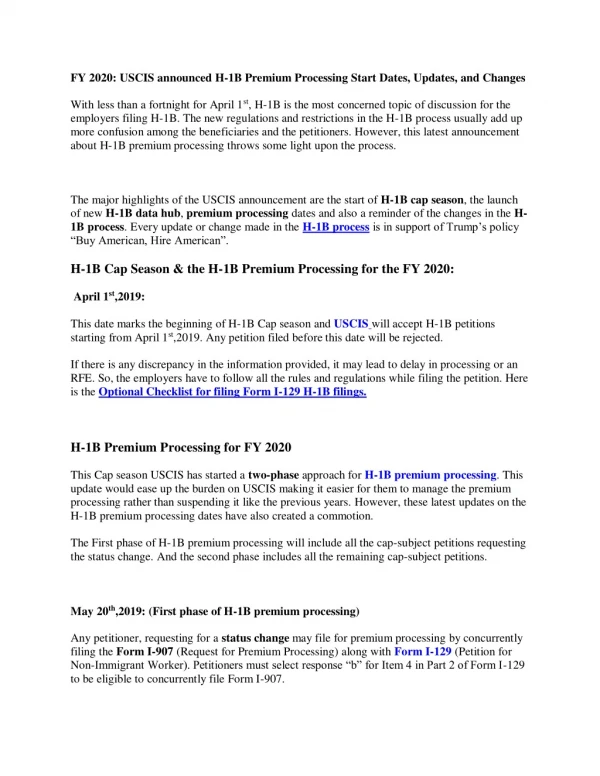 FY 2020: USCIS announced H-1B Premium Processing Start Dates, Updates, and Changes