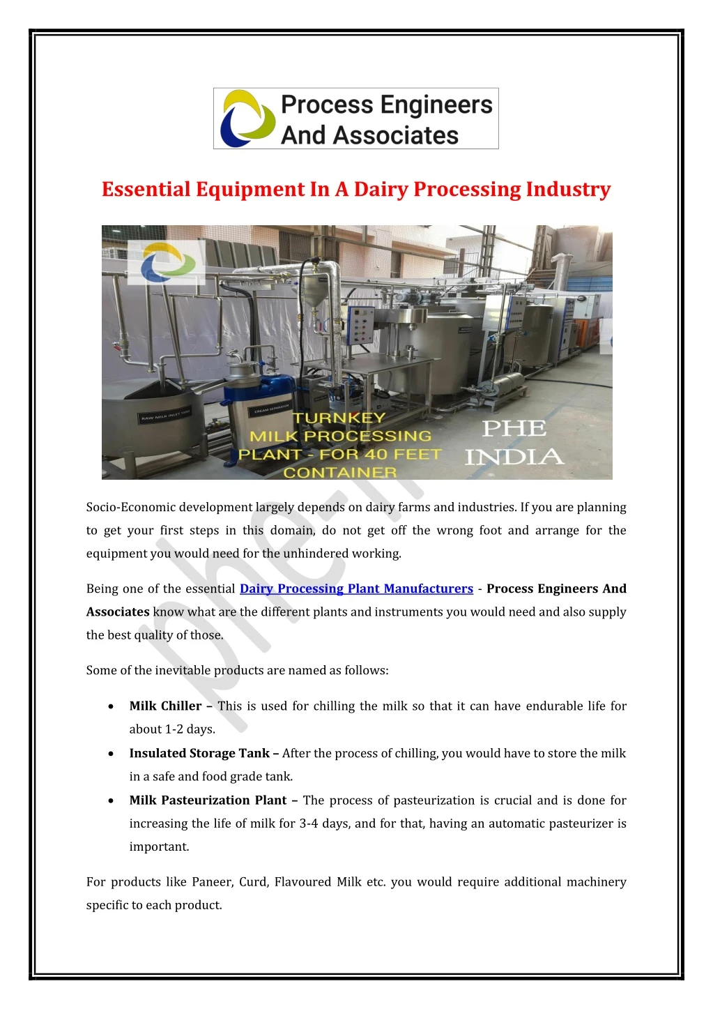 essential equipment in a dairy processing industry