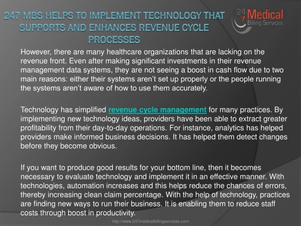 247 MBS Helps To Implement Technology That Supports And Enhances Revenue Cycle Processes