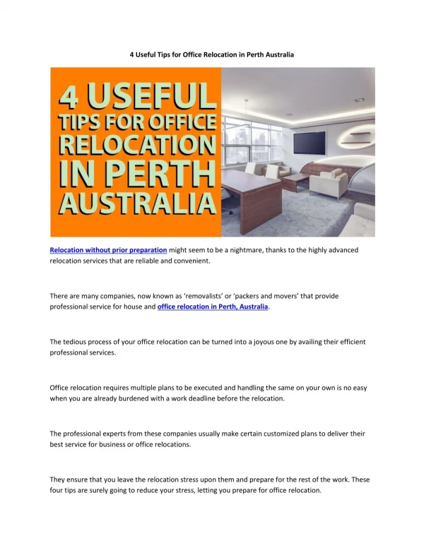 4 Useful Tips for Office Relocation in Perth Australia