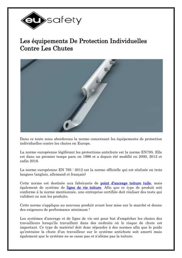 Les équipements De Protection Individuelles Contre Les Chutes