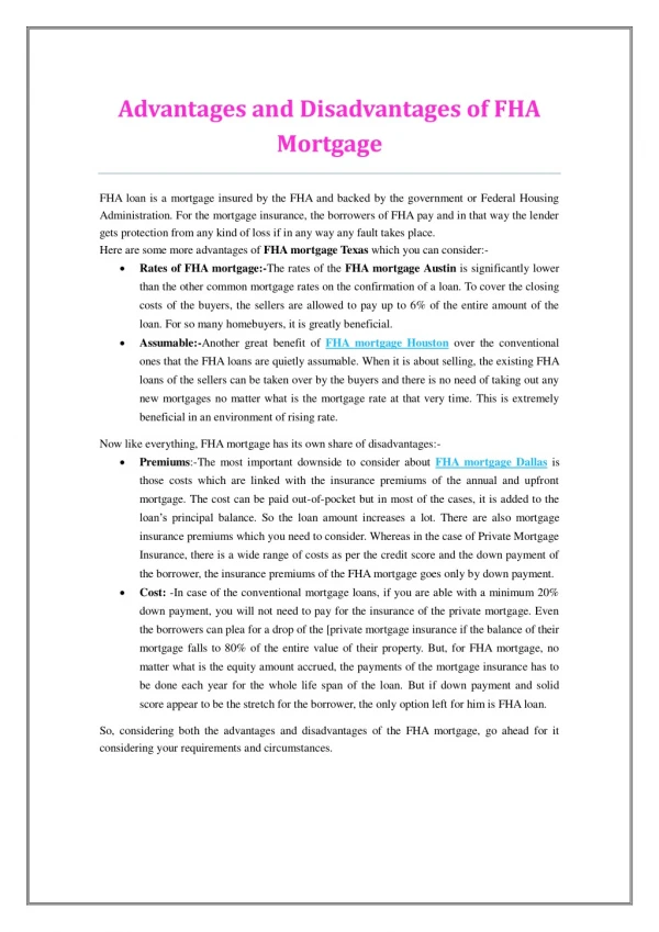 Advantages and Disadvantages of FHA Mortgage