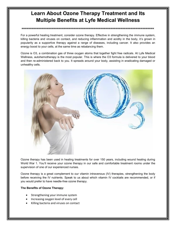 Learn About Ozone Therapy Treatment and Its Multiple Benefits at Lyfe Medical Wellness
