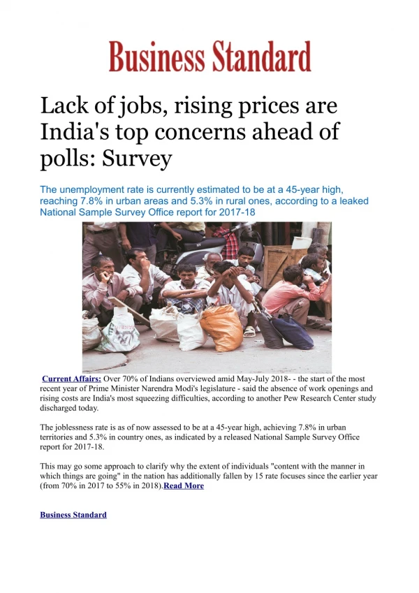 Lack of jobs, rising prices are India's top concerns ahead of polls: Survey