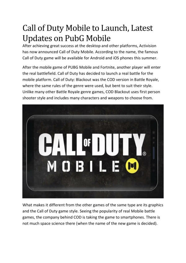Call of Duty Mobile to Launch, Latest Updates on PubG Mobile