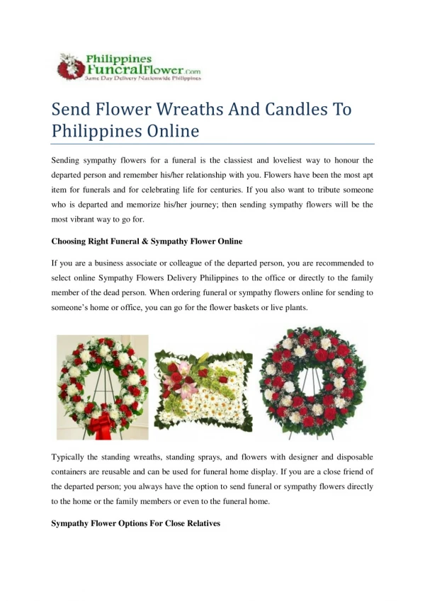 send flower wreaths and candles to Philippines