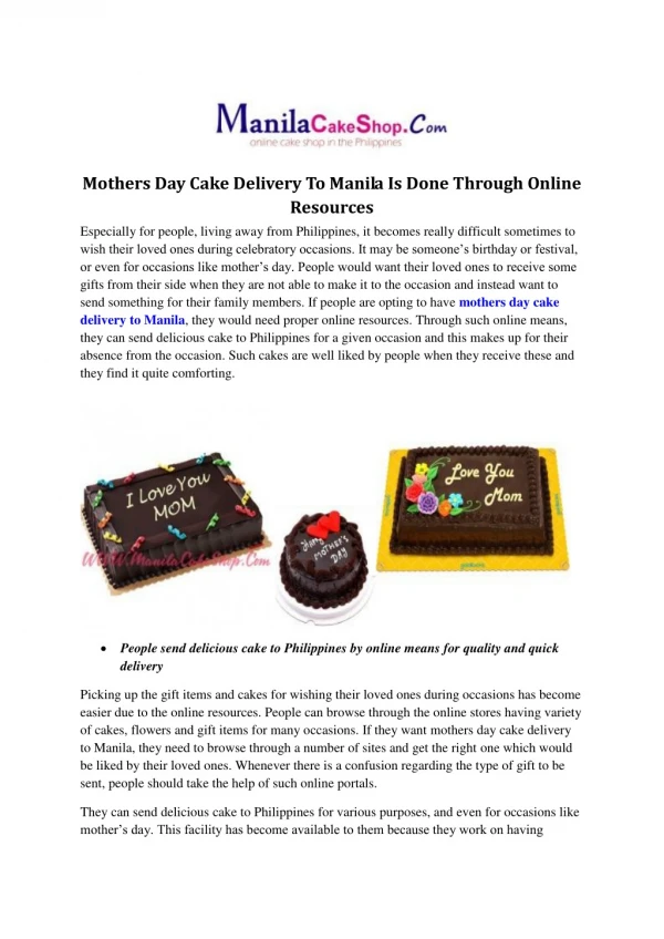 mothers day cake delivery to manila