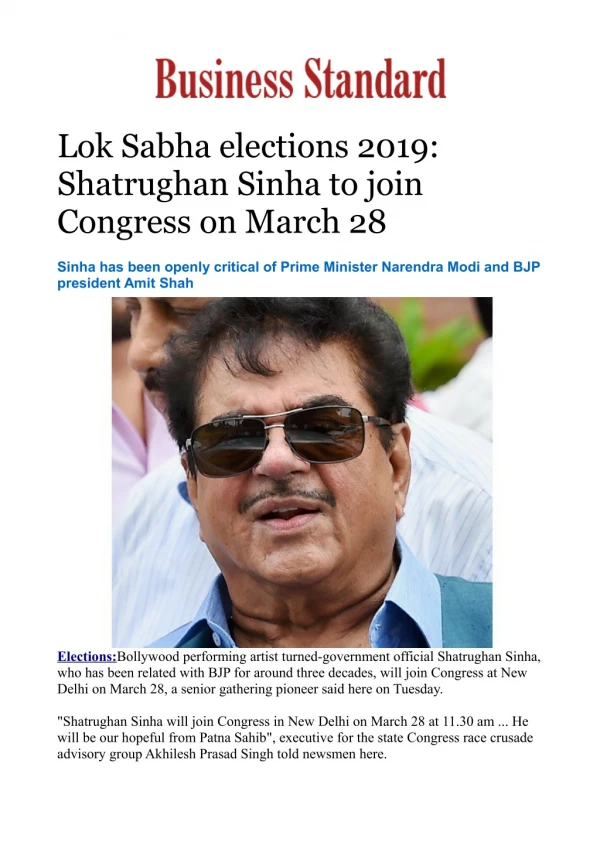 Lok Sabha elections 2019: Shatrughan Sinha to join Congress on March 28