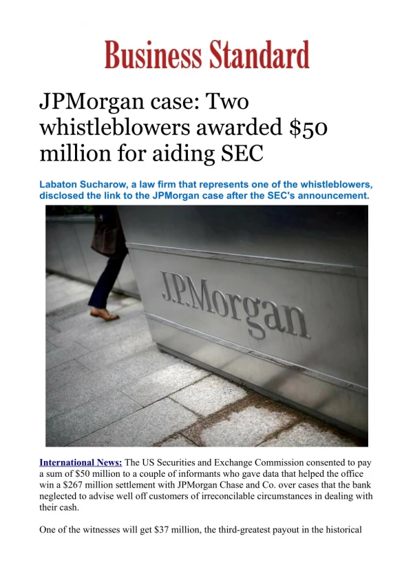 JPMorgan case: Two whistleblowers awarded $50 million for aiding SEC