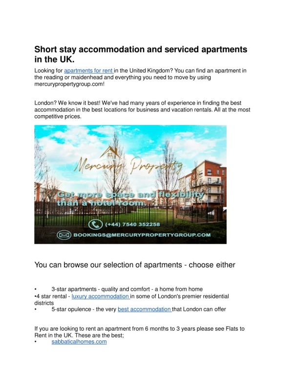 Short stay accommodation and serviced apartments in the UK.