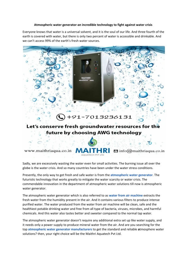 Atmospheric water generator-an incredible technology to fight against water crisis