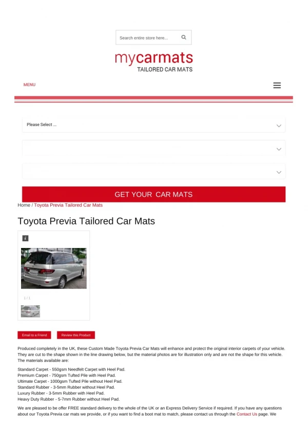 Tailored Toyota Previa Car Mats – Custom Car Mats | Rubber Car Mats