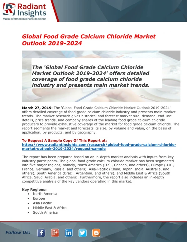 GLobal Food Grade Calcium Chloride Market Overview, Top Manufactures, Growth & Forecast|Key Player:LUXI, Nedmag