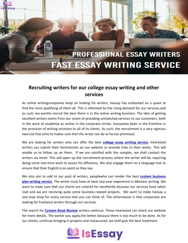 Recruiting writers for our college essay writing and other services