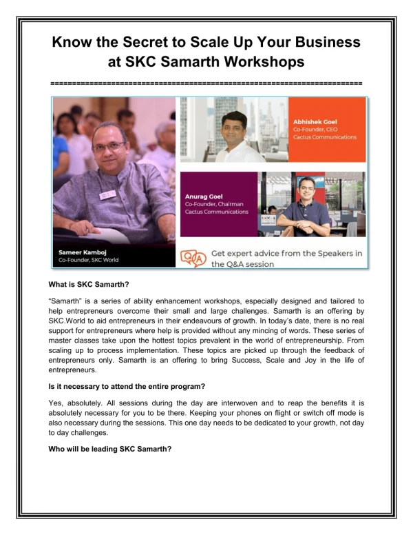 Know the Secret to Scale Up Your Business at SKC Samarth Workshops