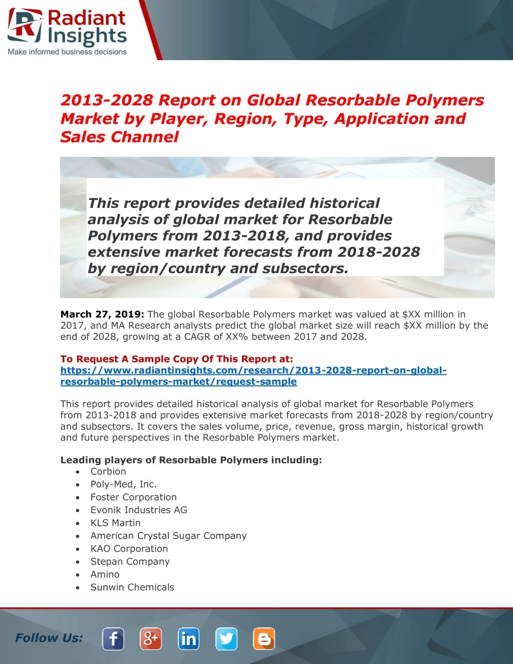 2013 2028 report on global resorbable polymers