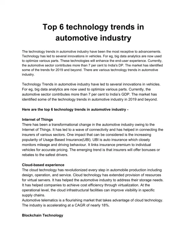 Top 6 technology trends in automotive industry