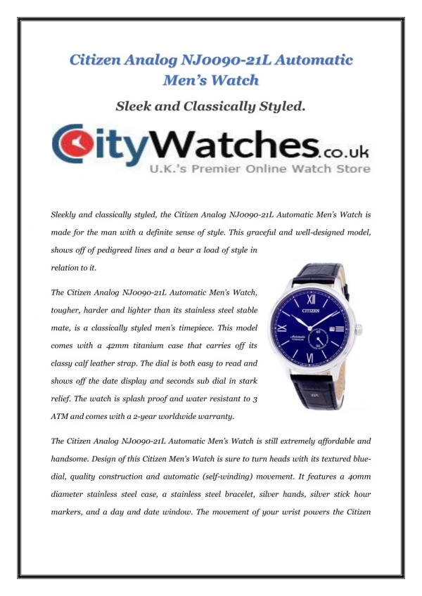 Citizen Analog NJ0090-21L Automatic Men’s Watch