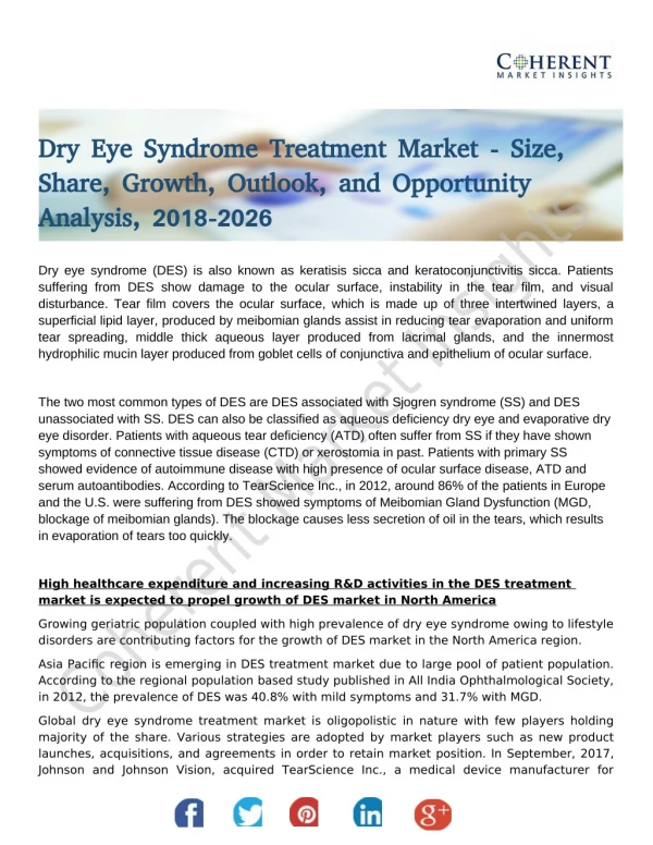 Dry Eye Syndrome Treatment Market Covering Developing Trends, Major Highlights With Global Analysis and Forecast By 2026