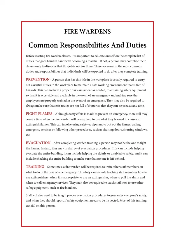Fire Wardens Common Responsibilities and Duties