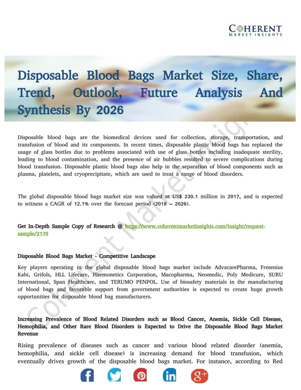 Disposable Blood Bags Market to Reflect a Holistic Expansion During 2018-2026