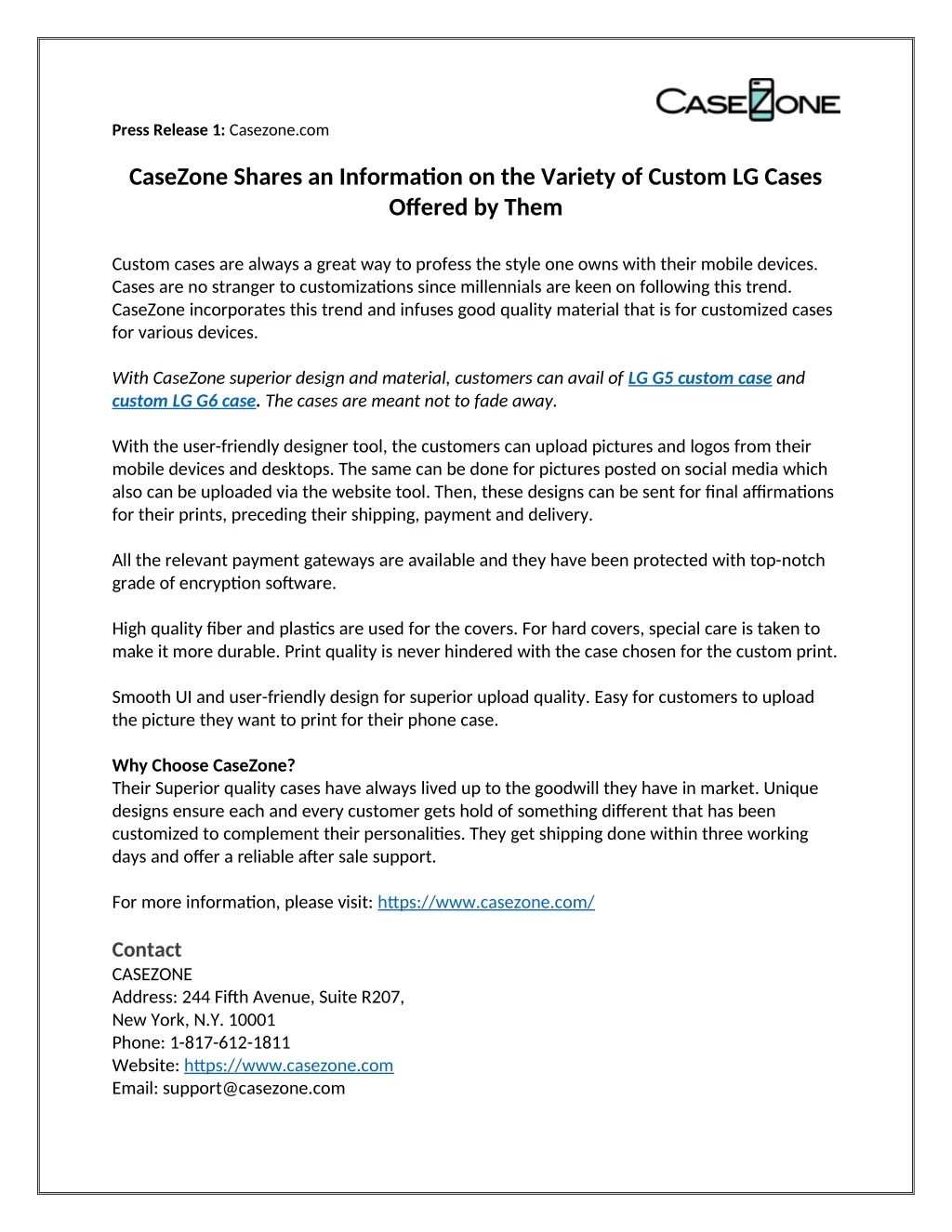 press release 1 casezone com