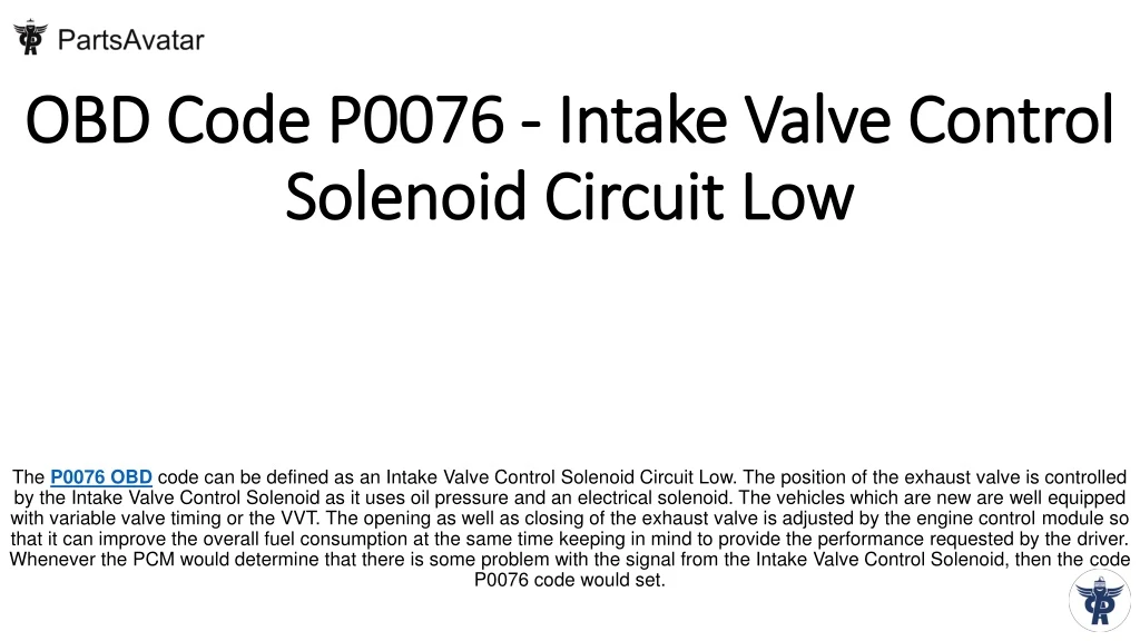 obd code p0076 intake valve control solenoid circuit low