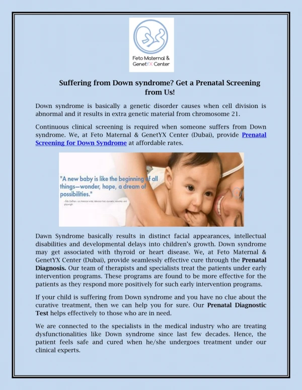 Suffering from Down syndrome? Get a Prenatal Screening from Us!