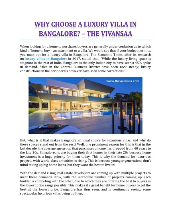 Why Choose A Luxury Villa In Bangalore? - The Vivansaa
