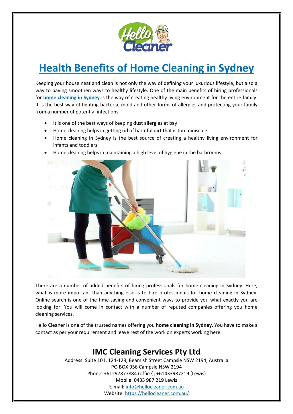 health benefits of home cleaning in sydney