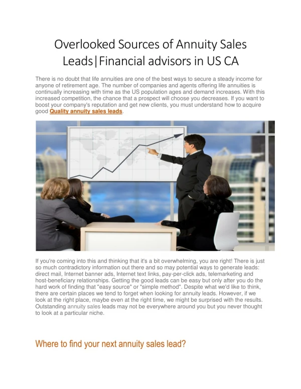 Overlooked Sources of Annuity Sales Leads|Financial advisors in US CA