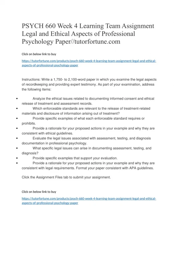 PSYCH 660 Week 4 Learning Team Assignment Legal and Ethical Aspects of Professional Psychology