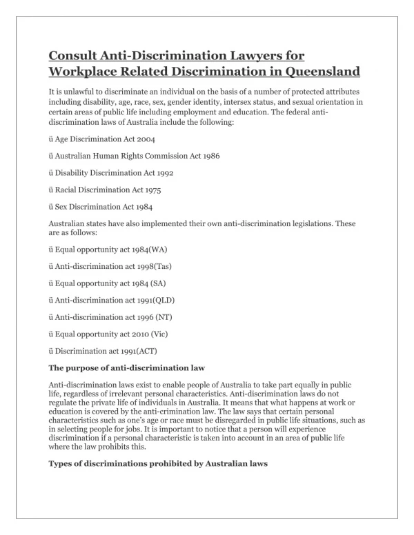 Consult Anti-Discrimination Lawyers for Workplace Related Discrimination in Queensland